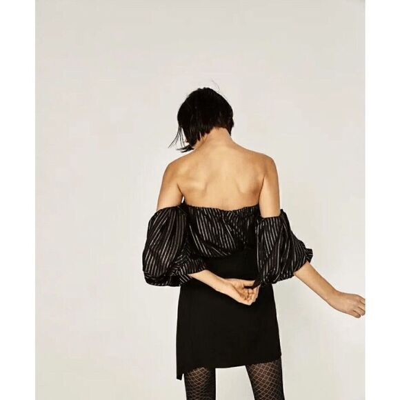 NWOT Zara Off The Shoulder Balloon Sleeve Gold Striped Blouse Top - Picture 3 of 5